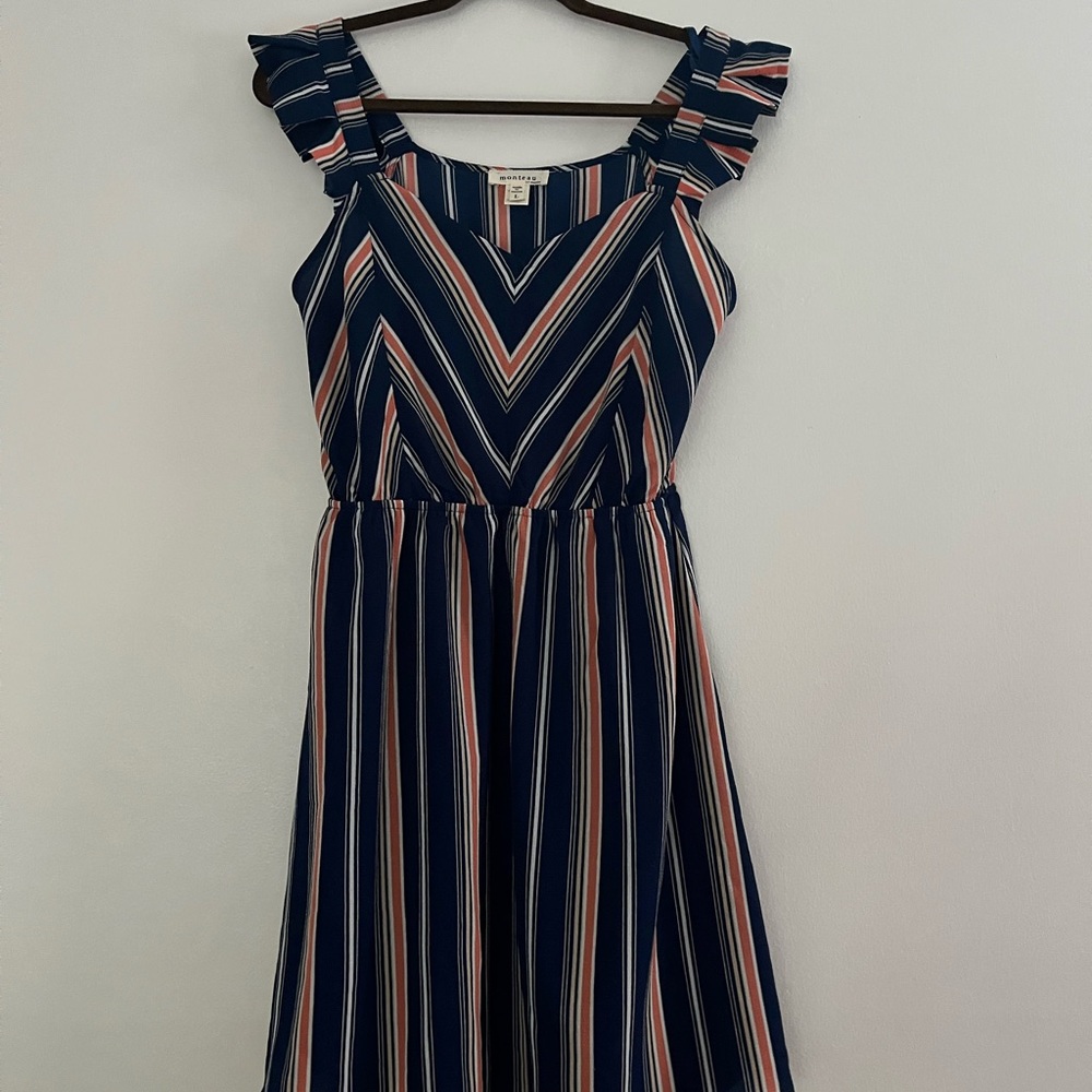 Monteau Striped Navy and Pink Ruffle Dress